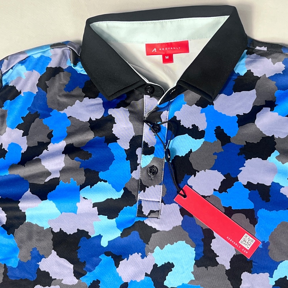 Redvanly Dawson Polo Shirt Mens Medium Blue Camo Golf Athletic R2418 Tuxedo NWT